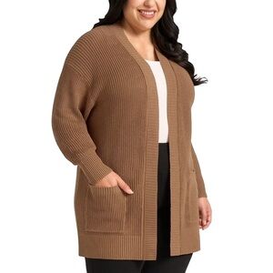 Max & Mia Open Front Long Sleeve Cardigan Sweater w/ Pockets – Camel Brown – XXL